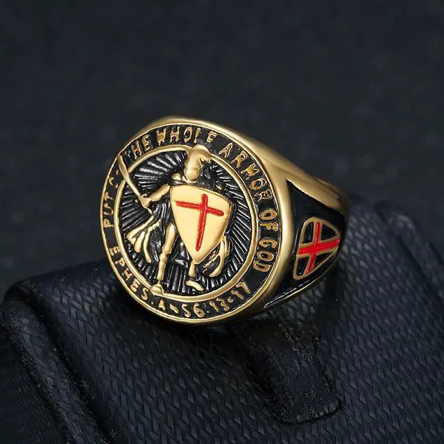 Alt view image 3 of 4 - ULJ Retro The Knight Templar No Rusted Gold Plated Stainless Steel Hip Hop Ring for Men Punk Rings Waterproof Men Jewelry Golden 12