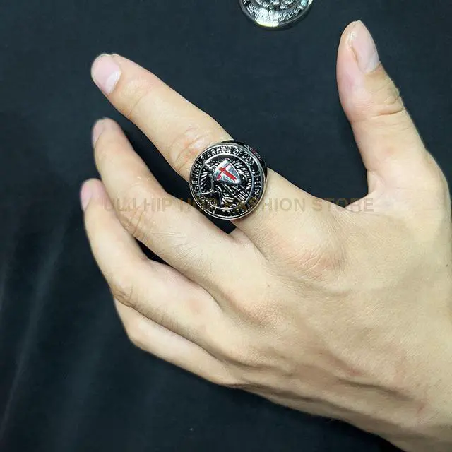 Alt view image 2 of 4 - ULJ Retro The Knight Templar No Rusted Stainless Steel Hip Hop Ring for Men Punk Rings Waterproof Men Jewelry Silver 12