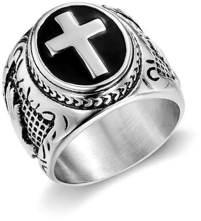 Main image of ULJ Retro No Rusted Waterproof Stainless Steel Hip Hop Jesus Hand Cross Ring for Men Punk Rings Jewelry Silver 12