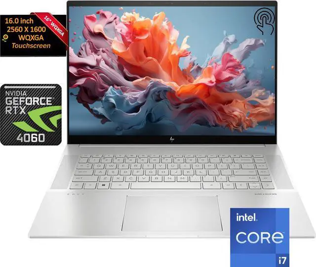 Main image of HP Envy 16" Touchscreen WQXGA 2560 x 1600 Intel core i7-13700H NVIDIA GeForce RTX 4060 32GB DDR5 RAM 512GB SSD Backlit HDMI 2.1 Thunderbolt 4 Wi-Fi 6E Silver Windows 11 Pro
