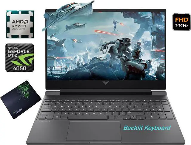 Main image of HP Victus 15.6" FHD 144Hz Gaming NVIDIA GeForce RTX 4050 AMD Ryzen 5-8645HS 64GB DDR5 RAM 512GB SSD USB-C HDMI Wi-Fi 6 Bluetooth 5.3 Backlit keyboard Windows 11 Home Mica Silver | Mouse PAD