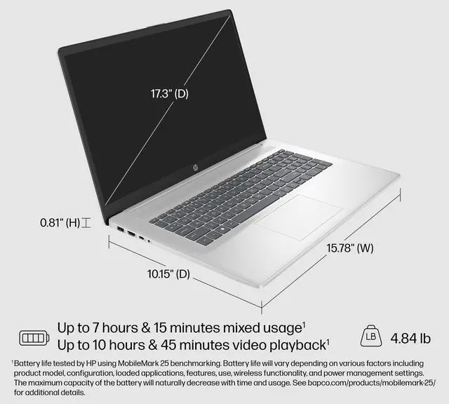 Alt view image 5 of 6 - Newest HP 17.3" HD+ Touchscreen Intel Core 7 150U (Beat i7-1355U) Intel Graphics 16GB DDR4 RAM 512GB SSD Backlit KB Wi-Fi 6 Bluetooth 5.3 HDMI USB Type-C Windows 11 Pro Silver