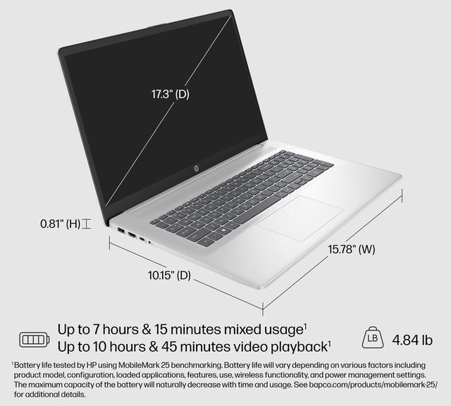 Alt view image 5 of 6 - Newest HP 17.3" HD+ Touchscreen Intel Core 7 150U (Beat i7-1355U) Intel Graphics 64GB DDR4 RAM 1TB SSD Backlit KB Wi-Fi 6 Bluetooth 5.3 HDMI USB Type-C Windows 11 Home Silver
