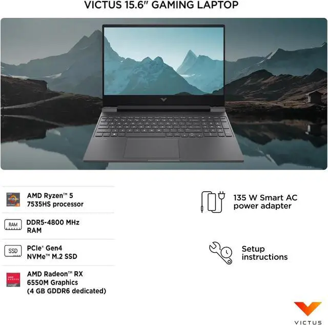 Alt view image 6 of 7 - HP Victus Gaming 15.6" 144Hz FHD AMD Ryzen 5-7535HS (Beats i7-13620H) AMD Radeon RX 6550M (Beats GeForce RTX 4050) 32GB DDR5 RAM 512GB SSD HDMI 2.1 USB-C Backlit Wi-Fi 6 Bluetooth Windows 11 Pro