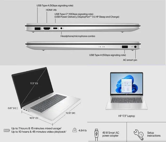 Alt view image 6 of 6 - HP 17.3" IPS FHD Business Laptop Intel Core 5 120U (Beat i5-1335U) Intel Graphics 32GB RAM 512GB SSD Backlit KB Wi-Fi 6 Bluetooth 5.3 720p Webcam HDMI USB-C Windows 11 Home Silver | Value Gift Set