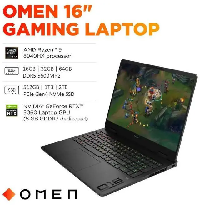 Alt view image 2 of 7 - HP OMEN 16" IPS FHD+ 144Hz Gaming Laptop NVIDIA GeForce RTX 5060 8GB GDDR7 AMD Ryzen 9 8940HX (> i9-14900HX) 32GB DDR5 RAM 512GB SSD RGB Backlit KB HDMI 2.1 Wi-Fi 6E BT 5.3 Win 11 Pro Shadow Black