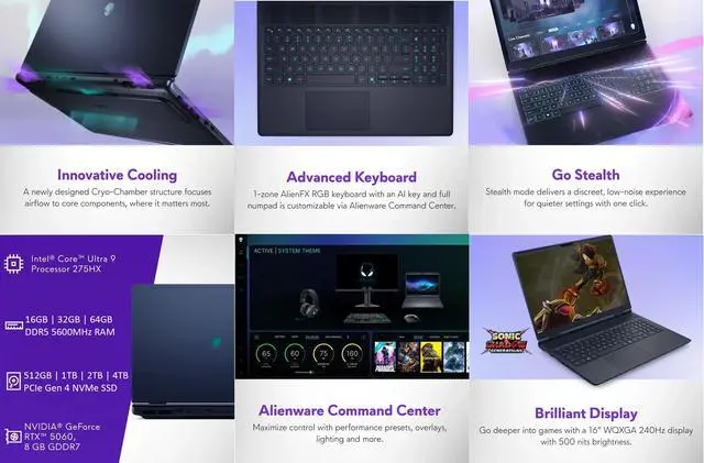 Alt view image 7 of 7 - Alienware 16X Aurora 16" 240Hz Gaming Laptop WQXGA 2560 x 1600 Intel Core Ultra 9 275HX NVIDIA GeForce RTX 5060 32GB DDR5 RAM 1TB SSD RGB Backlit KB HDMI 2.1 DP 2.0 Wi-Fi 7 Windows 11 Pro Blue