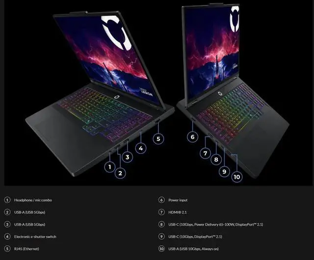 Alt view image 6 of 7 - Lenovo Legion Pro 5 Gen 10 Gaming 16" WQXGA OLED AMD Ryzen 9 9955HX (Beat Core Ultra 9 275HX) NVIDIA RTX 5060 32GB DDR5 RAM 512GB SSD RGB Backlit KB Wi-Fi 7 BT 5.4 HDMI RJ45 Webcam Win11 Pro Black