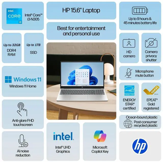 Alt view image 6 of 7 - HP Essential Laptop 15.6" IPS Full HD Touchscreen Intel core i3-N305 8GB RAM 512GB PCIe Gen 4 SSD Intel UHD Graphics HDMI USB-C Webcam Wi-Fi 6 Bluetooth 5.3 Long Battery life Windows 11 Pro Blue