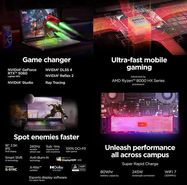 Alt view image 5 of 7 - Lenovo Legion Pro 5 10 Gaming 16" WQXGA 240 Hz IPS AMD Ryzen 9 8945HX (Beat Core Ultra 9 275HX) NVIDIA RTX 5060 16GB DDR5 RAM 512GB SSD RGB Backlit KB Wi-Fi 7 BT 5.4 HDMI RJ45 Webcam WIN 11 Pro Black