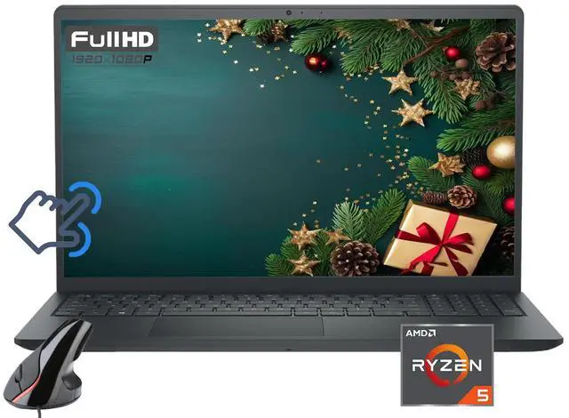 Main image of Dell Inspiron Laptop 15.6" FHD Touchscreen AMD Ryzen 5 7530U (Beat i5-1335U) AMD Radeon Graphics 32GB RAM 512GB SSD HDMI USB-C Wi-Fi BT Webcam Stereo Speakers Windows 11 Pro Black | Vertical Mouse