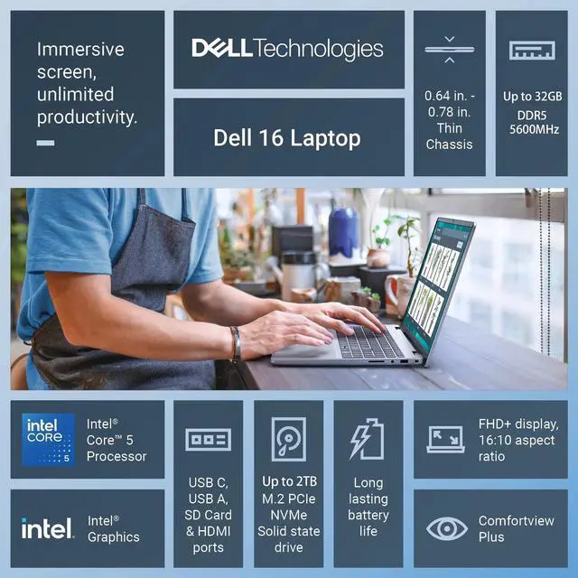 Alt view image 2 of 7 - Dell 16" IPS FHD+ 1920 x 1200 Touchscreen Business Laptop Intel core 5 120U (Beat Intel core i5-1335U) Intel Graphics 32GB DDR5 RAM 512GB SSD Backlit Keyboard Wi-Fi 6E HDMI Windows 11 Home Silver