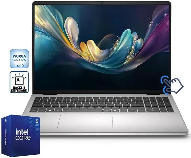 Main image of Dell 16" IPS FHD+ 1920 x 1200 Touchscreen Business Laptop Intel core 5 120U (Beat Intel core i5-1335U) Intel Graphics 32GB DDR5 RAM 2TB SSD Backlit Keyboard Wi-Fi 6E HDMI Windows 11 Home Silver