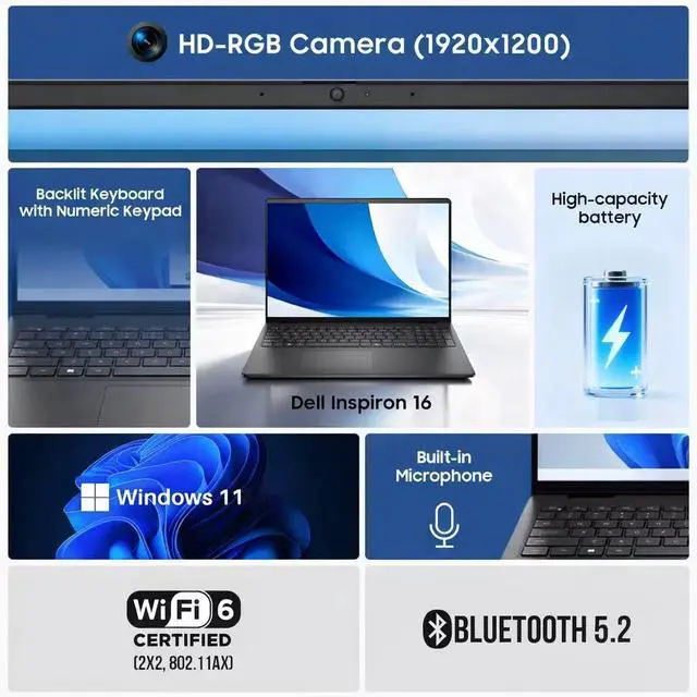 Alt view image 7 of 7 - Dell 16" FHD+ Touchscreen Business Laptop Inte core 7 150U (Beat i7-1355U) 16GB DDR5 RAM 2TB SSD Intel Graphics Backlit KB Wi-Fi 6 Bluetooth 5.2 Webcam HDMI 1.4 USB-C DP 1.4 Windows 11 Home Black
