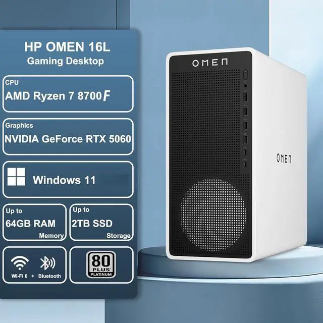 Alt view image 2 of 7 - HP OMEN 16L Gaming Desktop AMD Ryzen 7 8700F NVIDIA GeForce RTX 5060 32GB DDR5 RGB RAM 1TB Gen 4 SSD Wi-Fi 6 (2x2) Bluetooth 5.4 Mouse and Keyboard RJ45 RGB Front Cooling Fan Windows 11 Home White