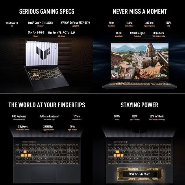 Alt view image 7 of 7 - ASUS TUF Gaming Laptop 16" 165Hz IPS FHD+ Intel core i7-14650HX (Beat i9-13900HX) NVIDIA GeForce RTX 5070 32GB DDR5 RAM 1TB SSD RGB Backlit KB Wi-Fi 6E HDMI 2.1 RJ45 Webcam Windows 11 Pro Gray