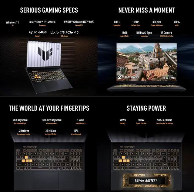 Alt view image 7 of 7 - ASUS TUF Gaming Laptop 16" 165Hz IPS FHD+ Intel core i7-14650HX (Beat i9-13900HX) NVIDIA GeForce RTX 5070 16GB DDR5 RAM 1TB SSD RGB Backlit KB Wi-Fi 6E HDMI 2.1 RJ45 Webcam Windows 11 Pro Gray