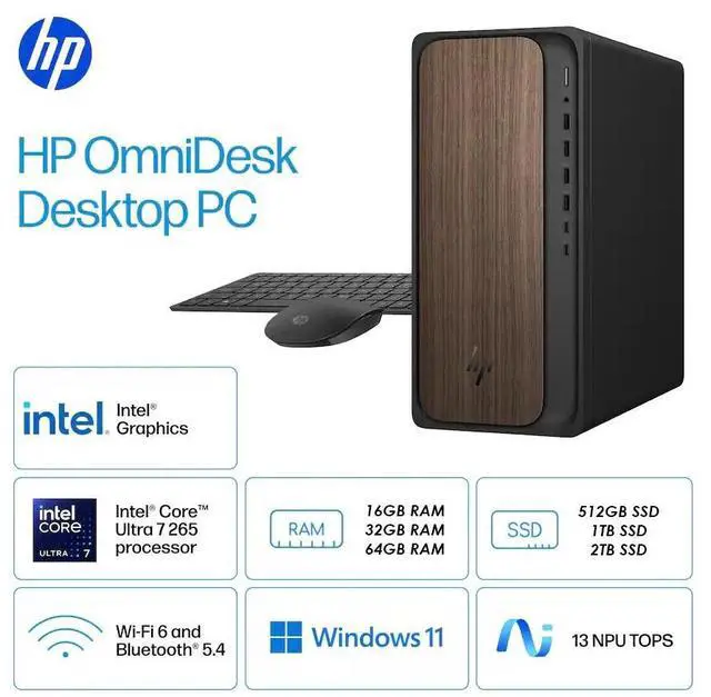 Alt view image 2 of 7 - HP OmniDesk Business Desktop Intel core Ultra 7 265 (Beat i7-14700) 32GB DDR5 RAM 1TB SSD Intel Graphics DisplayPort 1.4 HDMI Wi-Fi 6 Bluetooth 5.4 USB-C 280W KB and Mouse Windows 11 Home Dark Wood