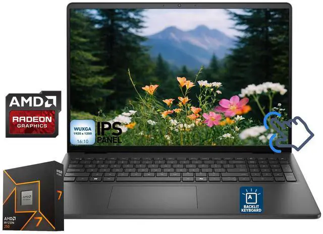 Dell 16" Laptop FHD+ Touchscreen AMD Ryzen 7 250 (Beat Intel i7-13650HX) AMD Radeon Graphics 16GB DDR5 RAM 512GB SSD Wi-Fi 6 Bluetooth Backlit Keyboard FHD Webcam HDMI 1.4 USB-C Windows 11 Home Black