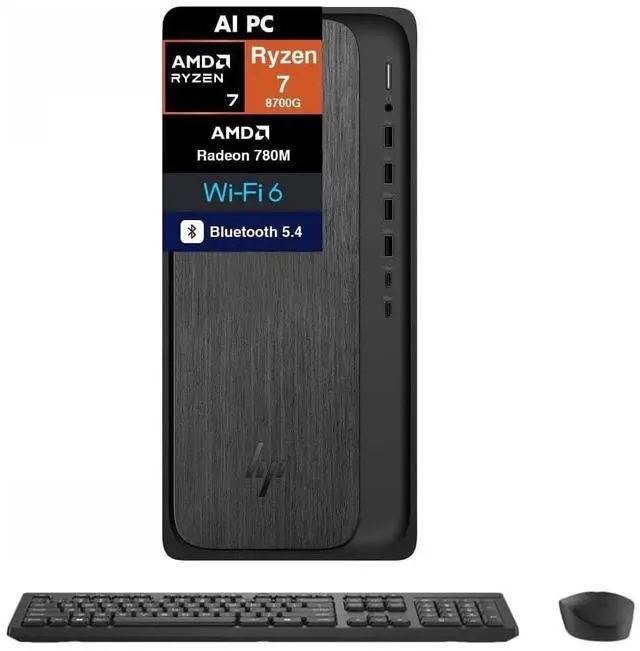 Main image of HP OmniDesk Tower AMD Ryzen 7 8700G AI 16 NPU TOPS AMD Radeon 780M Graphics 32GB DDR5 RAM 1TB SSD Wi-Fi 6 (2x2) Bluetooth 5.4 Wireless Mouse and Keyboard HDMI DP1.4 RJ45 Windows 11 Pro Dark Wood