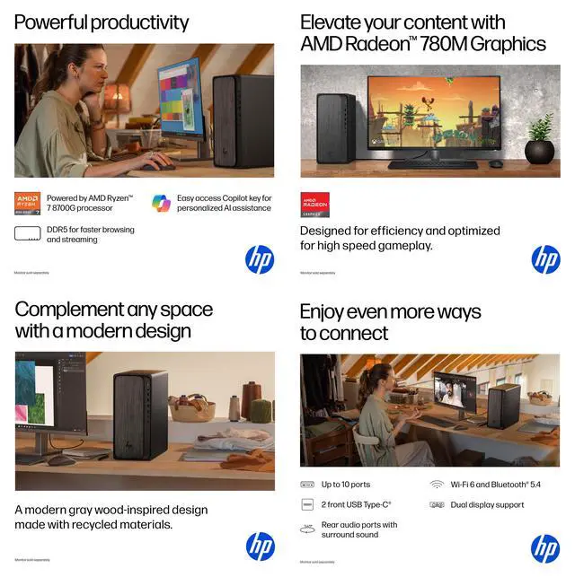 Alt view image 7 of 7 - HP OmniDesk Tower AMD Ryzen 7 8700G AI 16 NPU TOPS AMD Radeon 780M Graphics 32GB DDR5 RAM 1TB SSD Wi-Fi 6 (2x2) Bluetooth 5.4 Wireless Mouse and Keyboard HDMI DP1.4 RJ45 Windows 11 Pro Dark Wood
