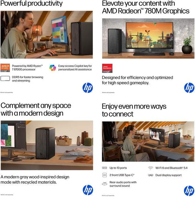 Alt view image 7 of 7 - HP OmniDesk Tower AMD Ryzen 7 8700G AI 16 NPU TOPS AMD Radeon 780M Graphics 32GB DDR5 RAM 512GB SSD Wi-Fi 6 (2x2) Bluetooth 5.4 Wireless Mouse and Keyboard HDMI DP1.4 RJ45 Windows 11 Pro Dark Wood