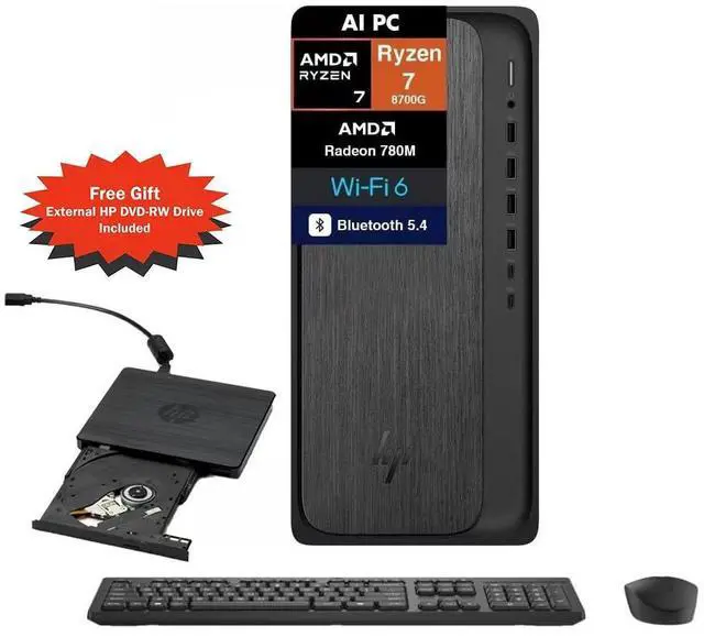 Main image of HP OmniDesk Tower AMD Ryzen 7 8700G AI 16 NPU TOPS AMD Radeon 780M Graphics 16GB DDR5 RAM 512GB SSD Wi-Fi 6 (2x2) Bluetooth 5.4 Wireless Mouse and Keyboard HDMI DP1.4 RJ45 Windows 11 Home Dark Wood