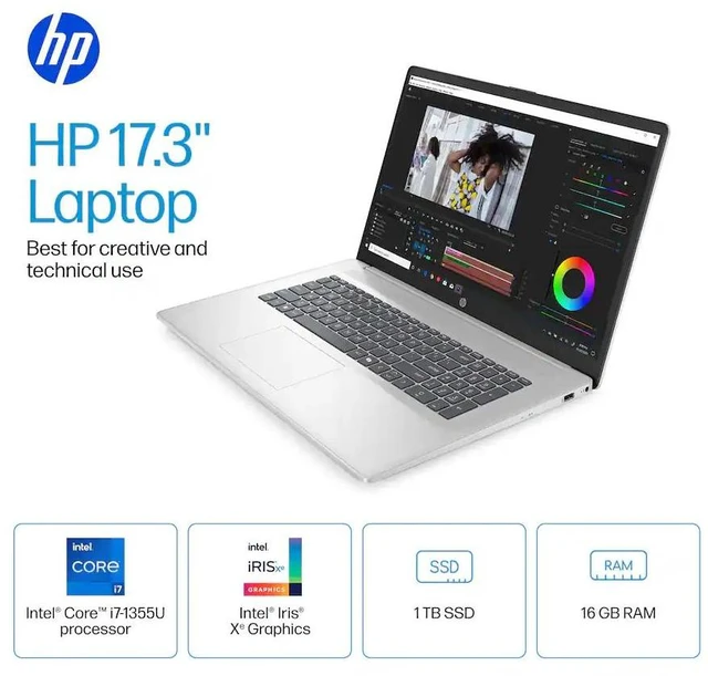 Alt view image 2 of 7 - HP 17.3" IPS LED Full HD Business Laptop Intel core i7-1355U Intel Irix Xe Graphics 32GB DDR4 RAM 1TB SSD HDMI 1.4 USB-C Wi-Fi 6 Webcam Stereo Speaker Copilot AI Long Battery Windows 11 Pro Silver