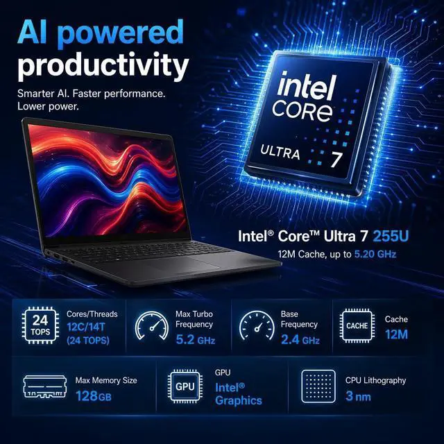 Alt view image 2 of 7 - DELL Business 15.6" FHD Touchscreen Laptop Intel core Ultra 7 255U (Beat i7-13650HX) Intel Graphics 16GB DDR5 RAM 1TB SSD Backlit KB Wi-Fi 6 BT HDMI 1.4 USB-C Copilot AI Webcam Windows 11 Pro Black