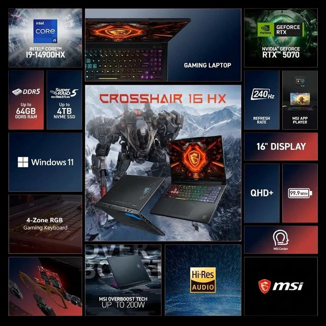 Alt view image 2 of 7 - MSI Crosshair 16" QHD+ 2560 x 1600 240Hz Gaming Laptop NVIDIA GeForce RTX 5070 Intel core i9-14900HX 32GB DDR5 RAM 2TB SSD RGB Backlit KB Wi-Fi 6E BT 5.4 HDMI 2.1 RJ-45 Copilot Windows 11 Home Black