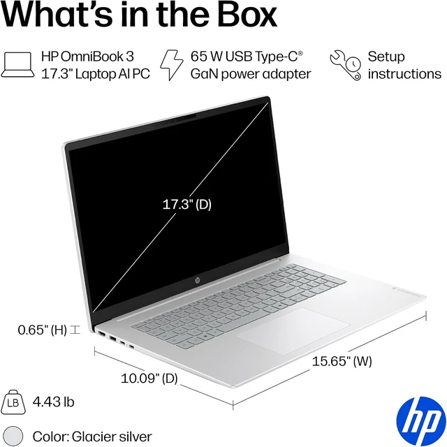 Alt view image 7 of 7 - HP OmniBook 3 17.3" HD+ Touchscreen Business AI Laptop Intel core 5 315 (Beats i7-1355U) Intel Graphics 8GB DDR5 RAM 512GB SSD Backlit KB Wi-Fi 6 BT 5.4 FHD Webcam Copilot+ PC Windows 11 Pro Silver