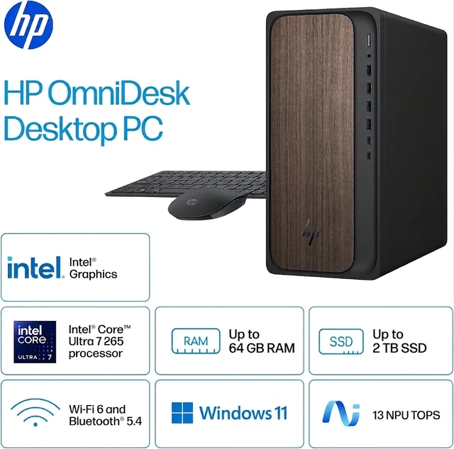 Alt view image 2 of 7 - HP OmniDesk Desktop Tower Intel Core Ultra 7 265 AI Boost (Beat i7-14700) Intel Graphics 64GB DDR5 RAM 2TB SSD Wi-Fi 6 BT 5.4 Wireless KB and Mouse 280W Power Supply Windows 11 Home Black and Wood