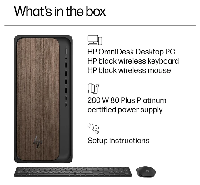 Alt view image 5 of 7 - HP OmniDesk Desktop Tower Intel Core Ultra 7 265 AI Boost (Beat i7-14700) Intel Graphics 16GB DDR5 RAM 1TB SSD Wi-Fi 6 BT 5.4 Wireless KB and Mouse 280W Power Supply Windows 11 Pro Black and Wood