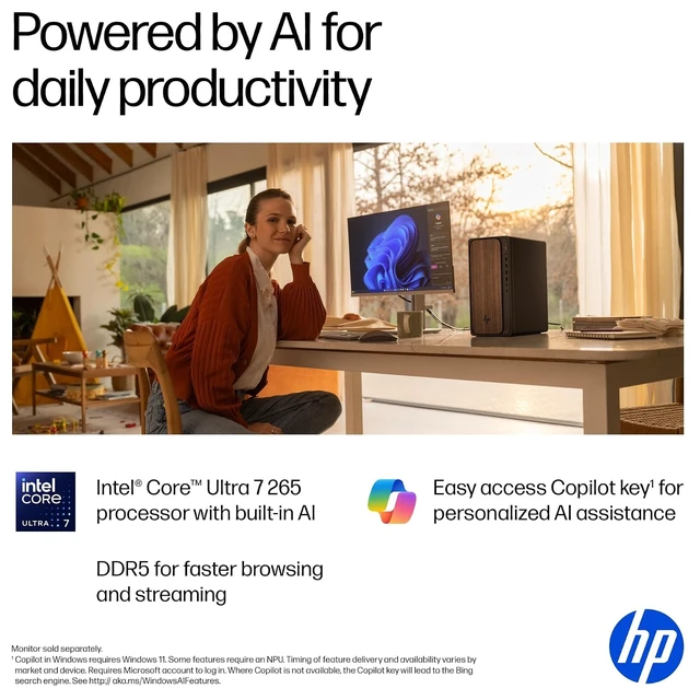 Alt view image 7 of 7 - HP OmniDesk Desktop Tower Intel Core Ultra 7 265 AI Boost (Beat i7-14700) Intel Graphics 16GB DDR5 RAM 1TB SSD Wi-Fi 6 BT 5.4 Wireless KB and Mouse 280W Power Supply Windows 11 Pro Black and Wood
