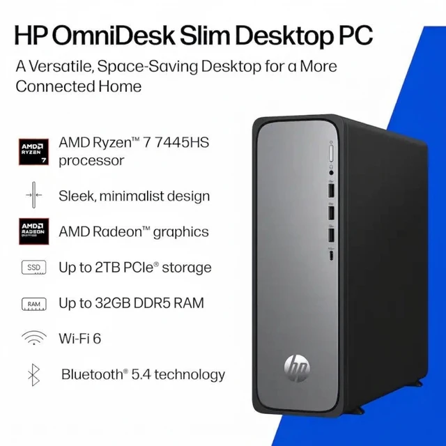 Alt view image 2 of 7 - HP OmniDesk Slim Business Desktop AMD Ryzen 7 7445HS (Beats Ultra 7 155U) 16GB DDR5 RAM 2TB SSD HDMI 2.1 DP 1.4 Wi-Fi 6 BT 5.4 Mouse and KB Copilot+ PC Sup Dual Display Windows 11 Home Meteor Silver