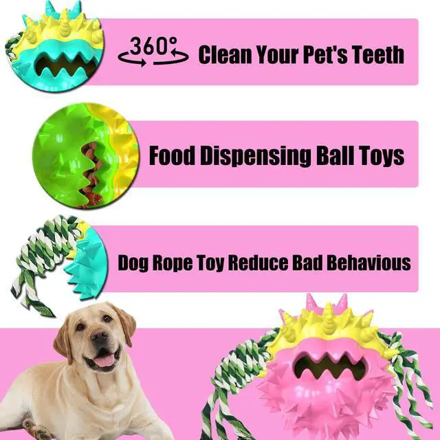 Alt view image 3 of 6 - Dog Chew Toys Ball for Aggressive Chewers, Likaty Indestructible Squeaker Dog Toy Puppy Chew Teething Toys for Large Medium Small Dogs Pink