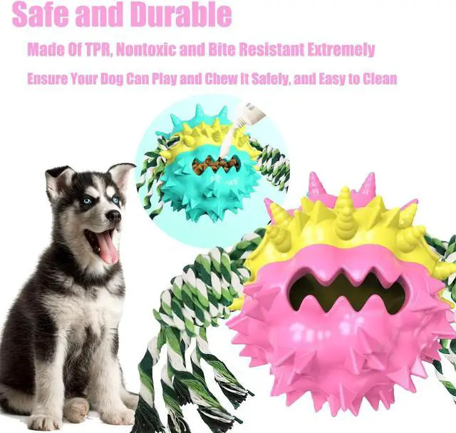 Alt view image 5 of 6 - Dog Chew Toys Ball for Aggressive Chewers, Likaty Indestructible Squeaker Dog Toy Puppy Chew Teething Toys for Large Medium Small Dogs Pink