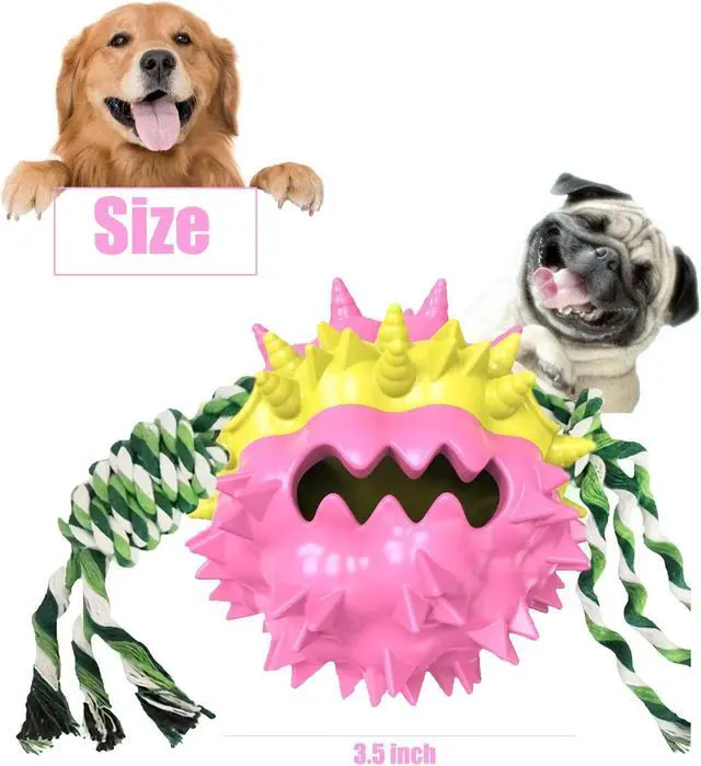 Alt view image 6 of 6 - Dog Chew Toys Ball for Aggressive Chewers, Likaty Indestructible Squeaker Dog Toy Puppy Chew Teething Toys for Large Medium Small Dogs Pink