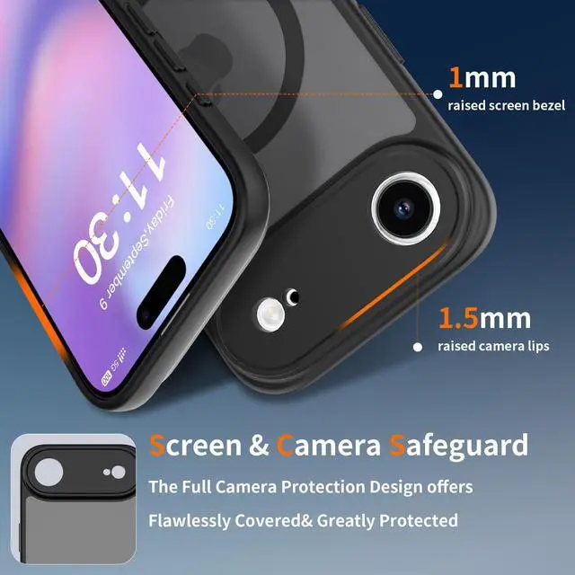 Alt view image 2 of 6 - Case for iPhone 17 Air,Full Covered Camera Protection Magnetic Shockproof Slim Case Drop Proof Durable Protective Cover - Black