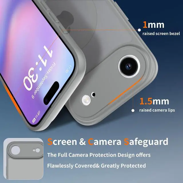 Alt view image 2 of 6 - Case for iPhone 17 Air,Full Covered Camera Protection Magnetic Shockproof Slim Case Drop Proof Durable Protective Cover - Gray