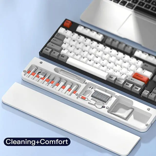 Alt view image 7 of 7 - Wrist Rest with Cleaning Kit, 22-in-1 Leather Ergonomic Hand Pad for Mechanical Keyboards/iPhone/AirPod/iPad with Storage Case & Phone Holder-White