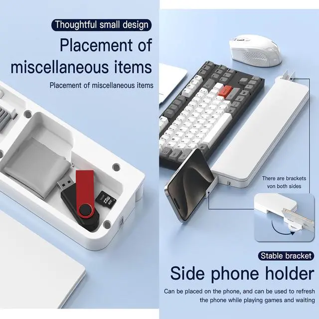 Alt view image 6 of 7 - Wrist Rest with Cleaning Kit, 22-in-1 Leather Ergonomic Hand Pad for Mechanical Keyboards/iPhone/AirPod/iPad with Storage Case & Phone Holder-White