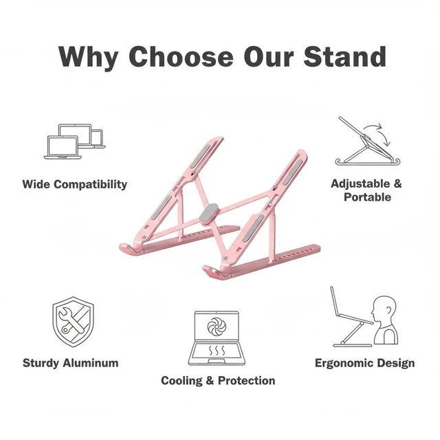 Alt view image 3 of 7 - Portable Laptop Stand, Adjustable Laptop Holder Riser Computer Suitable for All Models of Desk Notebook Mount for Desk (Pink)
