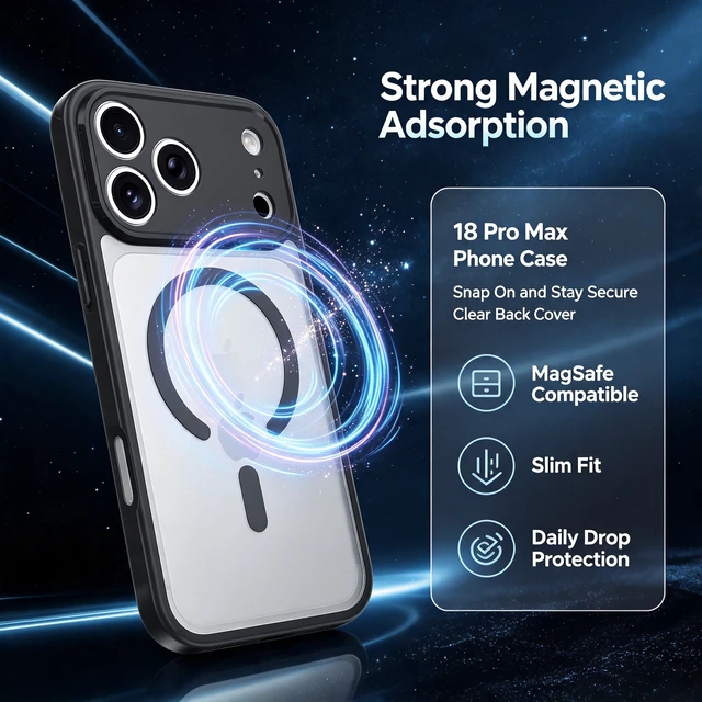Alt view image 7 of 7 - Case for iPhone 18 Pro Max,Full Covered Camera Protection Magnetic Shockproof Slim Case Drop Proof Durable Protective Cover - Black