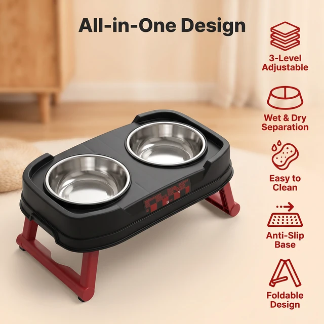 Alt view image 4 of 6 - Likaty Elevated Dog Bowl Stand,Raised Adjustable Bowls for Small Size Dogs Cat, 2-in-1 Food & Water Station Puppy Pets Supplies-Black