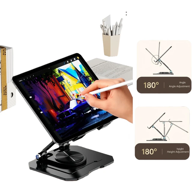 Alt view image 2 of 3 - Tablet Stand Holder with 360° Rotating Base, Universal Foldable Adjustable Aluminum Alloy Stand for Desk-Black