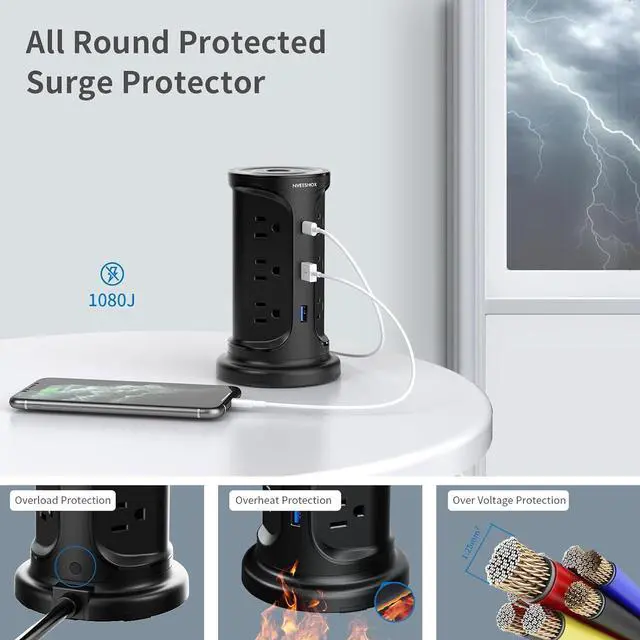 Alt view image 5 of 7 - Extension Cord with Multiple Outlets Surge Protector Tower Power Strip with Surge Protection, Screw Wall Mount Outlet with 12 Ac Outlets with 3 USB Ports(1 USB C),6.5 Ft, Overload Protect for Office