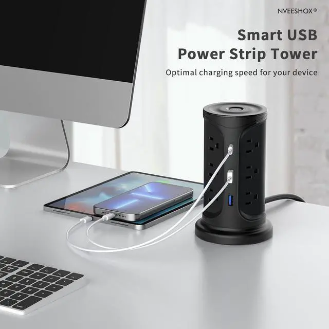Alt view image 7 of 7 - Extension Cord with Multiple Outlets Surge Protector Tower Power Strip with Surge Protection, Screw Wall Mount Outlet with 12 Ac Outlets with 3 USB Ports(1 USB C),6.5 Ft, Overload Protect for Office
