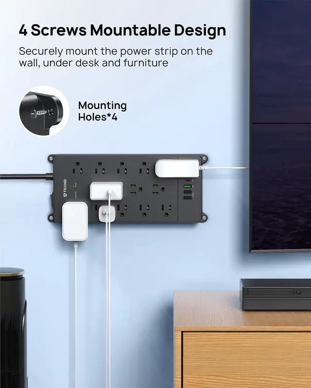 Alt view image 7 of 7 - TROND Surge Protector Power Strip, 5ft Heavy Duty Extension Cord with 32W USB C & QC 3.0 Charger, 4000 Joules, ETL Listed, 13 Wide Spaced Outlets, Flat Plug, Wall Mount for Home Office Supplies, Black