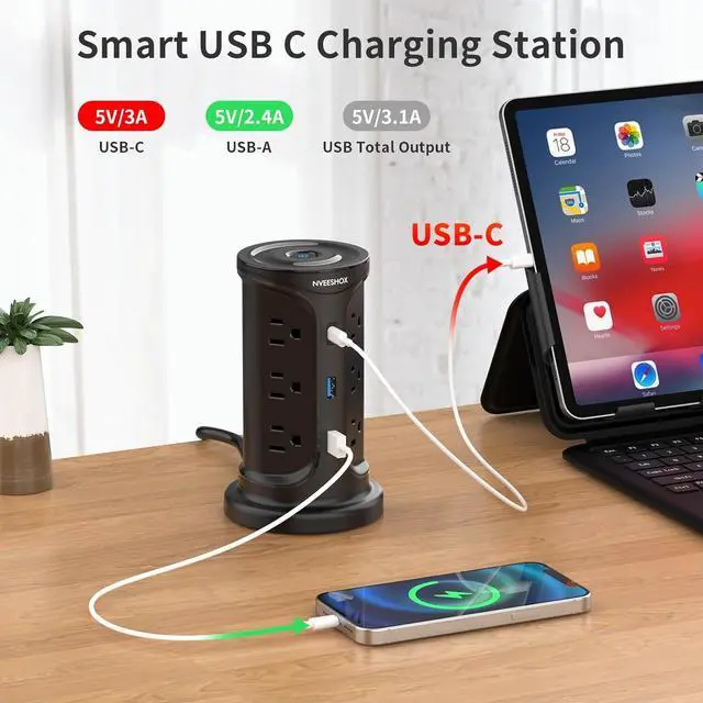 Alt view image 3 of 7 - Extension Cord with Multiple Outlets Surge Protector Tower Power Strip with Surge Protection, Screw Wall Mount Outlet with 12 Ac Outlets with 3 USB Ports(1 USB C),6.5 Ft, Overload Protect for Office